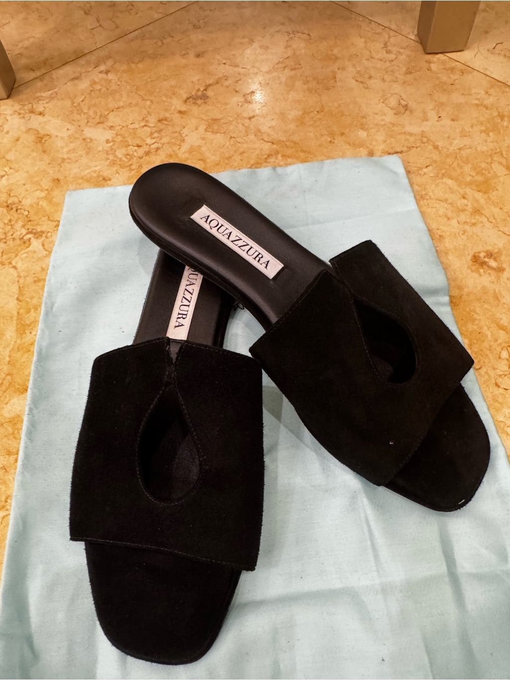 Aquazzura Black Suede Cutout Slide Mules